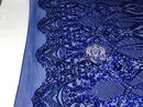 Sequins - Royal Blue - 4 Way Stretch Fancy Fabric Embroidered On Mesh Sold By The Yard