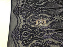 Sequins - Navy - 4 Way Stretch Fancy Fabric Embroidered On Mesh Sold By The Yard