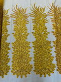 3D Beaded Peacock Feathers - Vegas Design Embroidered Sequins and Beads On a Mesh Lace Fabric - 15 Yard Roll