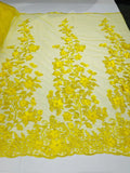 3D Pearl Floral Fabric - Floral Design Embroidered on Mesh Lace Fabric - 25 Yard Roll