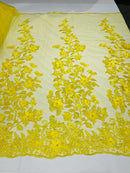 3D Pearl Floral Fabric - Floral Design Embroidered on Mesh Lace Fabric - 25 Yard Roll