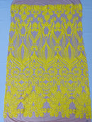 Damask Heart Design - Yellow on Nude- Damask with Heart Design Sequins on Mesh By Yard