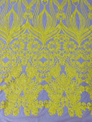 Damask Heart Design - Yellow on Nude- Damask with Heart Design Sequins on Mesh By Yard