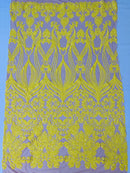 Damask Heart Design - Yellow on Nude- Damask with Heart Design Sequins on Mesh By Yard