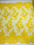Damask Lace - Floral Damask Design Embroidered on Mesh Lace Fabric - 25 Yard Roll