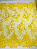 Damask Lace - Floral Damask Design Embroidered on Mesh Lace Fabric - 25 Yard Roll