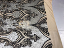 4 Way Stretch - Silver and Black - Two Tone Flower Design Sequins On Stretch Mesh By The Yard