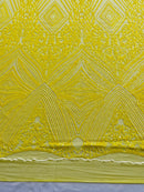 Yellow Sequins Fabric on a Mesh, GEOMETRIC Design 4 way Stretch By The Yard