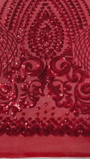 Geometric Pattern Sequins - Red - 4 Way Stretch Colorful Shine Designer Sequins By Yard