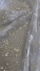 Embroidered Flower Lace - White - Corded Floral Lace With Sequins Sold By Yard