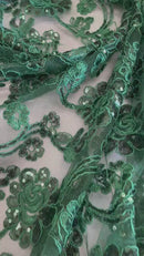 Embroidered Flower Lace - Hunter Green - Corded Floral Lace With Sequins Sold By Yard