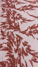 Leaf Plant Cluster Design Fabric - Red - Beaded Embroidered Leaves Design on Lace Mesh By Yard