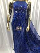 4 Way Stretch - Royal Blue - Vines Design Sequins Fabric Embroidered On Mesh Sold By The Yard