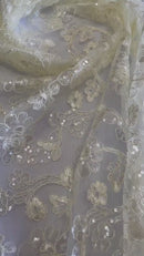 Embroidered Flower Lace - Ivory - Corded Floral Lace With Sequins Sold By Yard