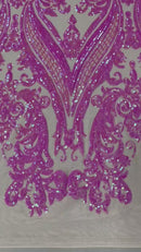Big Damask Sequins Fabric - Candy Pink - 4 Way Stretch Damask Sequins Design Fabric By Yard
