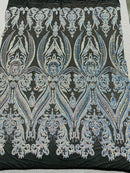 Big Damask Sequins Fabric - Aqua Iridescent - 4 Way Stretch Damask Sequins Design Fabric By Yard