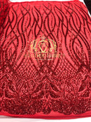 4 Way Stretch - Red - Vines Design Sequins Fabric Embroidered On Mesh Sold By The Yard