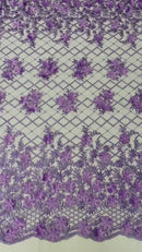 3D Floral Pearl Fabric - Lilac - 3D Triangle Flower Design on Mesh By Yard