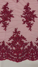 Beaded Shiny Floral Cluster - Burgundy - Embroidered Luxury Floral Design by Yard