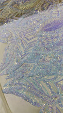 Fabric 4 Way Stretch - Iridescent Aqua Sequins - Embroidered Blush Mesh LaceFabric By The Yard