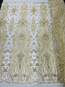 Luxury Bead Design - Beige - Floral Fabric Embroidered w/ Pearls-Beads on Mesh Lace By Yard