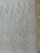Wavy Plant Lines Bead Fabric - Beige - Embroidered Beaded Wedding Bridal Fabric Sold By The Yard