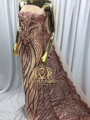 4 Way Stretch - Rose Gold - Vines Design Sequins Fabric Embroidered On Mesh Sold By The Yard