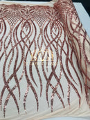 4 Way Stretch - Rose Gold - Vines Design Sequins Fabric Embroidered On Mesh Sold By The Yard
