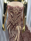 4 Way Stretch - Rose Gold - Vines Design Sequins Fabric Embroidered On Mesh Sold By The Yard