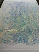 Clear Iridescent Sequins Fabric on White Mesh, GEOMETRIC Design 4 way Stretch By The Yard