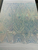 Clear Iridescent Sequins Fabric on White Mesh, GEOMETRIC Design 4 way Stretch By The Yard
