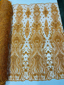 Luxury Bead Design - Copper/Orange - Floral Fabric Embroidered w/ Pearls-Beads on Mesh Lace By Yard