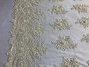 Beaded - Cream - Embroidered Floral Design Fancy Sequins Fabric with Beads Sold By The Yard