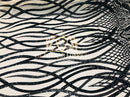 4 Way Stretch - Black - Vines Design Sequins Fabric Embroidered On Mesh Sold By The Yard