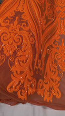 Big Damask Sequins Fabric - Orange Iridescent - 4 Way Stretch Damask Sequins Design Fabric By Yard