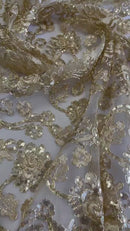 Embroidered Flower Lace - Champagne - Corded Floral Lace With Sequins Sold By Yard