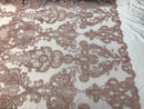 Floral - Dusty Rose - Embroided Lace Fabric Damask Pattern - Beautiful Fabrics Sold by The Yard