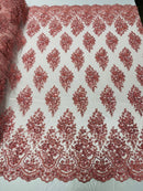Floral Cluster Bead Fabric - Dusty Rose - Sold By The Yard - Embroidered Flower Beaded Fabric