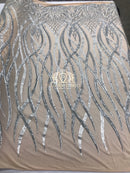 4 Way Stretch - Silver - Vines Design Sequins Fabric Embroidered On Nude Mesh Sold By The Yard