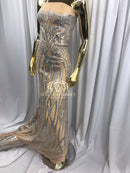 4 Way Stretch - Silver - Vines Design Sequins Fabric Embroidered On Nude Mesh Sold By The Yard