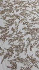 Leaf Plant Cluster Design Fabric - Rose Gold - Beaded Embroidered Leaves Design on Lace Mesh By Yard