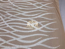 4 Way Stretch - White - Vines Design Sequins Fabric Embroidered On Nude Mesh Sold By The Yard
