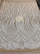 4 Way Stretch - White - Vines Design Sequins Fabric Embroidered On Nude Mesh Sold By The Yard