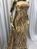 4 Way Stretch - Gold - Vines Design Sequins Fabric Embroidered On Mesh Sold By The Yard