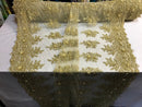 Beaded - Gold - Embroidered Floral Design Fancy Sequins Fabric with Beads Sold By The Yard
