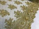 Beaded - Gold - Embroidered Floral Design Fancy Sequins Fabric with Beads Sold By The Yard