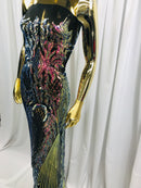 4 Way Stretch - Iridescent Rainbow Triangle Design Sequins Fabric Embroidered Mesh Sold By The Yard