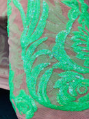 Big Damask Sequins Fabric - Neon Green - 4 Way Stretch Damask Sequins Design Fabric By Yard