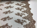 Beaded Bridal Lace - Coffee - Sold By The Yard Floral Embroidered Sequins Wedding Fabric