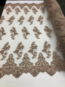 Beaded Bridal Lace - Coffee - Sold By The Yard Floral Embroidered Sequins Wedding Fabric